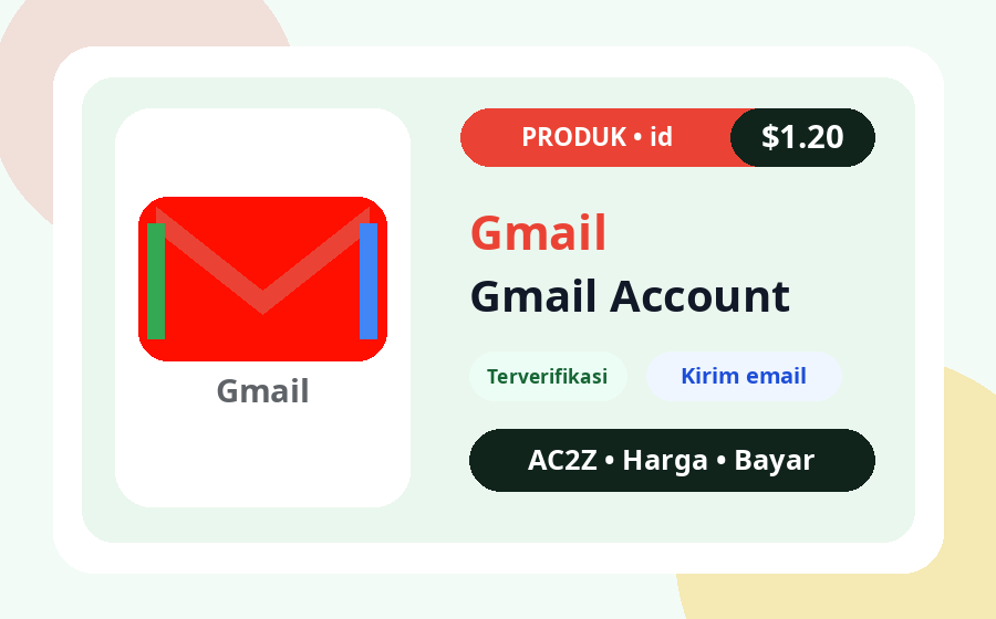 Gmail akun AC2Z gambar produk dengan harga, stok, dan catatan pengiriman