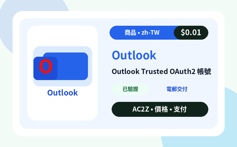 Outlook 可信 OAuth2 帳號 AC2Z 商品圖片，包含價格、庫存與交付說明